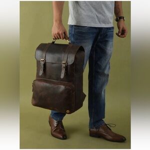 Handcrafted DOTCH Leather Backpack Unisex Computer Travel Rucksack Brown